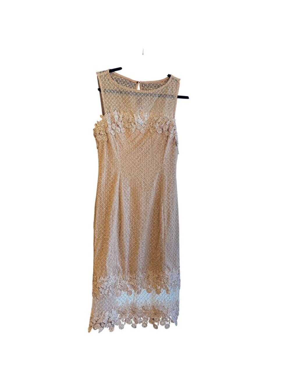 Filly Flair Lace Overlay Sleeveless Dress Beige Floral Hem Elegant